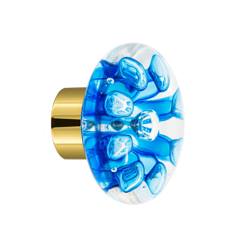 bouton de placard disque Bulles de Fleurs bleu embase placard laiton poli