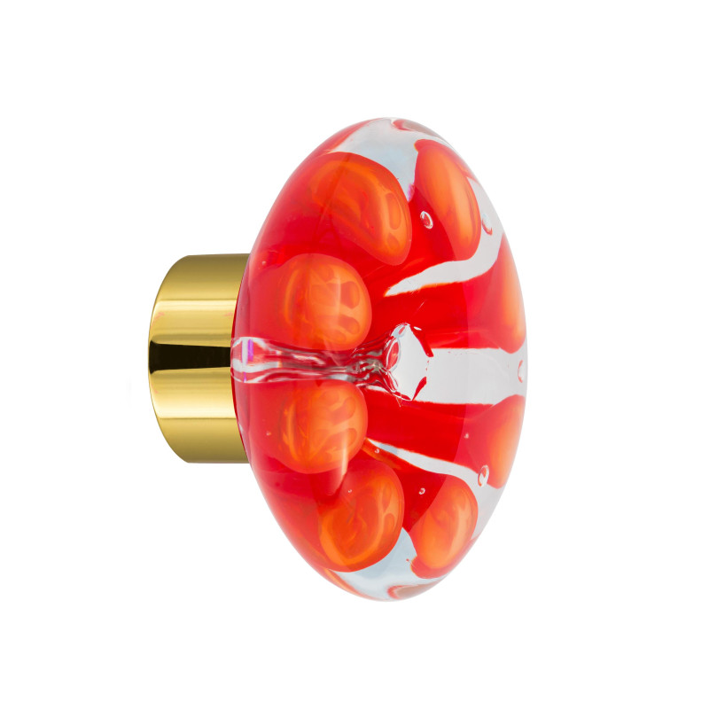 bouton de placard disque Bulles de Fleurs rouge chili embase placard laiton poli