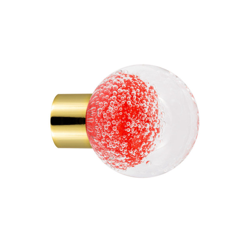 bouton de meuble Microbulles sphérique rouge chili embase meuble laiton poli