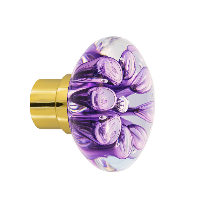 bouton de porte Bulles de Fleurs disque violet embase porte laiton poli