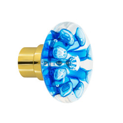 bouton de porte Bulles de Fleurs disque bleu embase porte laiton poli
