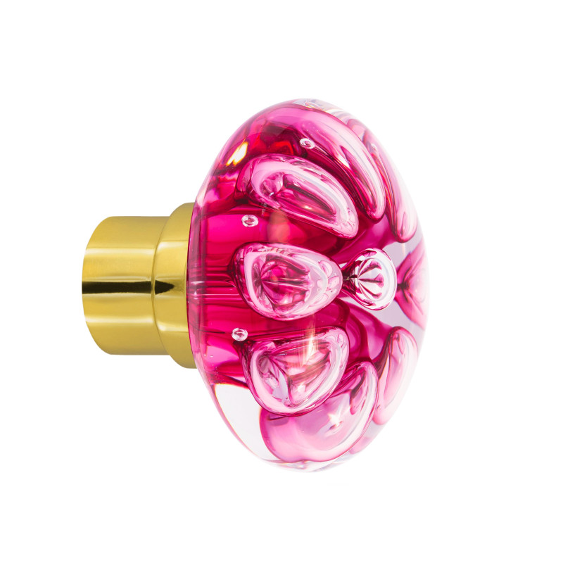 bouton de porte Bulles de Fleurs disque rose fuchsia embase porte laiton poli